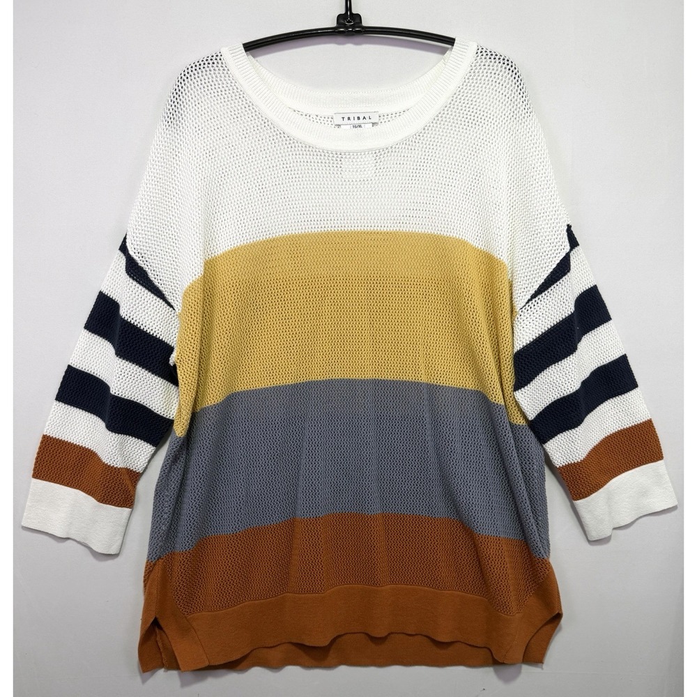 Tribal Women XL Sweater Colorblock Open Knit Oversized 100% Cotton‎ 3/4 Sleeve